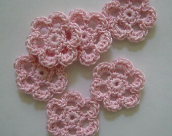 Mini Six Crocheted Flowers - Pink Flowers - Set of 6 - Cotton Flowers - Crocheted Flower Appliques - Crocheted Flower Embellishments