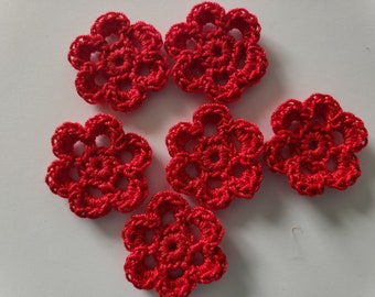 Atom Red Crocheted Flowers - Cotton Flowers - Crocheted Flower Embellishments - Crocheted Flower Appliques - Set of 6