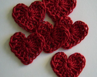 Red Crocheted Hearts - Cotton Hearts - Crocheted Heart Appliques - Crocheted Heart Embellishments - Set of 6