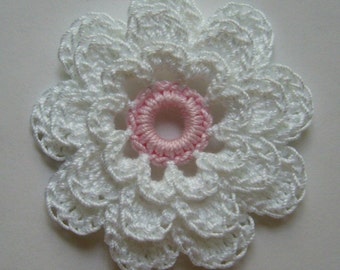 Crocheted Flower - White with Pink - Crocheted Flower Applique - Crocheted Flower Embellishment