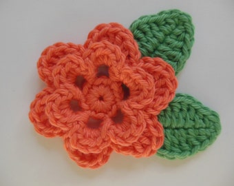 Coral Crocheted Flower with Leaves - Mango and Apple Green - Cotton Yarn - Crocheted Flower and Leaf Appliques