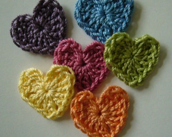 Rainbow of Crocheted Hearts - Cotton Hearts - Crocheted Heart Embellishments - Crocheted Heart Appliques - Set of 6