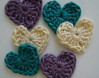 Crocheted Hearts - Plum, Teal and Ecru - Cotton Appliques - Heart Appliques - Heart Embellishments - Set of 6