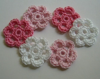Mini Six Crocheted Flowers - White, Pink and Rose - Cotton Flowers - Crocheted Flower Appliques - Crocheted Embellishments - Set of 6