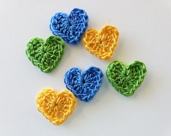 Tiny Crocheted Hearts - Cornflower Blue, Green and Goldenrod Yellow - Cotton Hearts - Crocheted Heart Embellishments - Set of 6