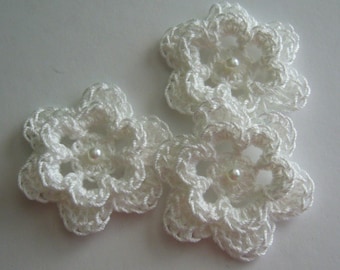 Trio of Crocheted Flowers - White with Pearl - Cotton Crocheted Flowers