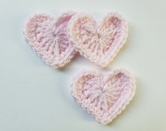 Trio of Pink Crocheted Hearts - Acrylic Hearts - Crocheted Heart Appliques - Crocheted Heart Embelishments