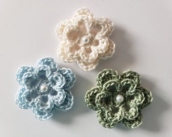 Trio of Crocheted Flowers - Baby Blue, Antique White and Sage Green with Pearl - Cotton Flowers - Set of 3