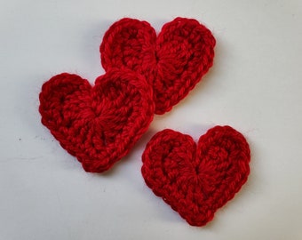 Trio of Red Crocheted Hearts - Acrylic Hearts - Crocheted Heart Appliques - Crocheted Heart Embelishments