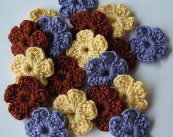 Crocheted Flowers - Yellow, Lilac and Rust - Forget-Me-Nots - Wool Flowers - Flower Appliques - Crocheted Embellishments - Set of 6