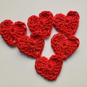 Bright Red Crocheted Hearts - Cotton Hearts - Crocheted Heart Appliques - Crocheted Heart Embellishments - Set of 6