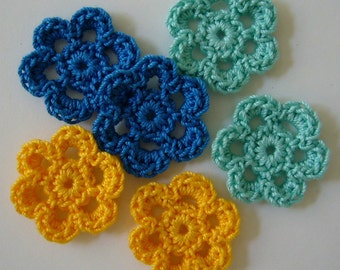 Mini Six Crocheted Flowers - Aqua, Blue Hawaii and Goldenrod Yellow - Cotton Flowers - Set of 6