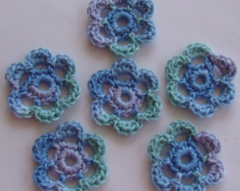 Mini Six Crocheted Flowers - Ocean Blue - Cotton Flowers - Set of 6