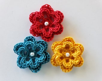 Trio of Crocheted Flowers - Atom Red, Teal and Goldenrod Yellow with Pearl - Cotton - Crocheted Embellishments - Crocheted Appliques