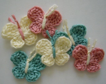 Crocheted Butterflies - Aqua, Pink and Cream - Crocheted Butterfly Appliques - Crocheted Butterfly Embellishments - Set of 6