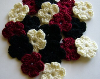 Wool Crocheted Flowers  - Black, Burgundy, Natural - Wool Flower Appliques - Set of 6