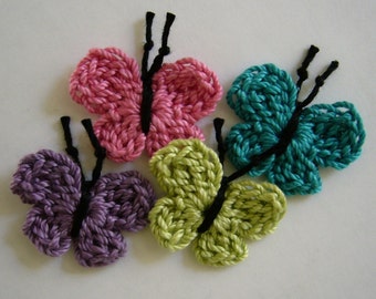 Crocheted Butterflies - Rose, Teal, Plum and Lime Green - Cotton Butterflies - Butterfly Embellishments - Butterfly Appliques - Set of 4