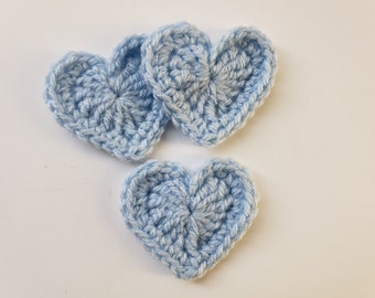 Trio of Blue Crocheted Hearts - Acrylic Hearts - Crocheted Heart Appliques - Crocheted Heart Embelishments