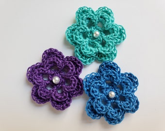 Crocheted Flowers - Jade, Blue Hawaii and Purple - Cotton Flowers - Flower Appliques - Flower Embellishments