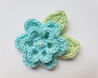 Aqua Crocheted Flower and Leaves - Acrylic Flower Embellishment - Crocheted Flower Applique