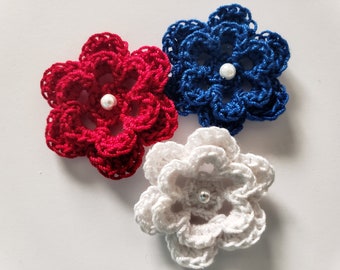 Trio of Crocheted Flowers - Victory Red, Royal Blue and White with Pearl - Cotton - Crocheted Embellishments - Crocheted Appliques