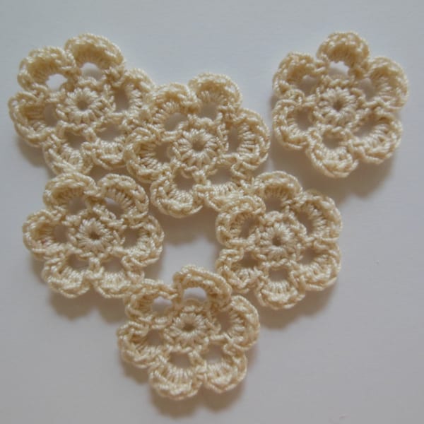 Mini Crocheted Flowers - Ecru - Cotton Flowers - Set of 6 - Crocheted Flower Appliques - Crocheted Flower Embellishments