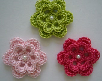 Trio of Crocheted Flowers - Lime Green, Pink and Hot Pink with Pearl - Cotton - Crocheted Appliques - Crocheted Embellishments