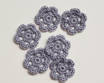 Gray Lilac Crocheted Flowers - Cotton Flowers - Crocheted Flower Embellishments - Crocheted Flower Appliques - Set of 6