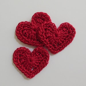 Trio of Crocheted Hearts - Red Hearts - Cotton Hearts - Crocheted Heart Embellishments - Crocheted Heart Appliques - Set of 3