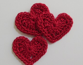 Trio of Crocheted Hearts - Red Hearts - Cotton Hearts - Crocheted Heart Embellishments - Crocheted Heart Appliques - Set of 3