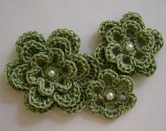 Crocheted Flowers - Sage Green With a Pearl - Cotton Flowers - Crocheted Flower Embellishments - Cotton Flower Appliques