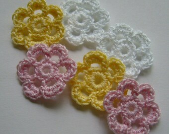 Mini Six Crocheted Flowers - White, Pink and Yellow - Cotton Flowers -  Crocheted Appliques - Crocheted Embellishments - Set of 6