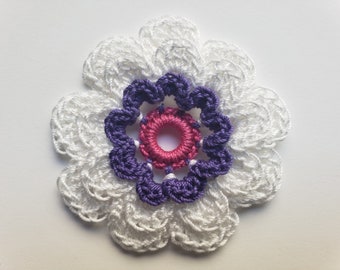 Crocheted Flower - White, Violet and Rose - Cotton Flower - Flower Applique - Flower Embellishment