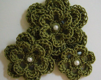 Crocheted Flowers - Olive Green With a Pearl - Cotton