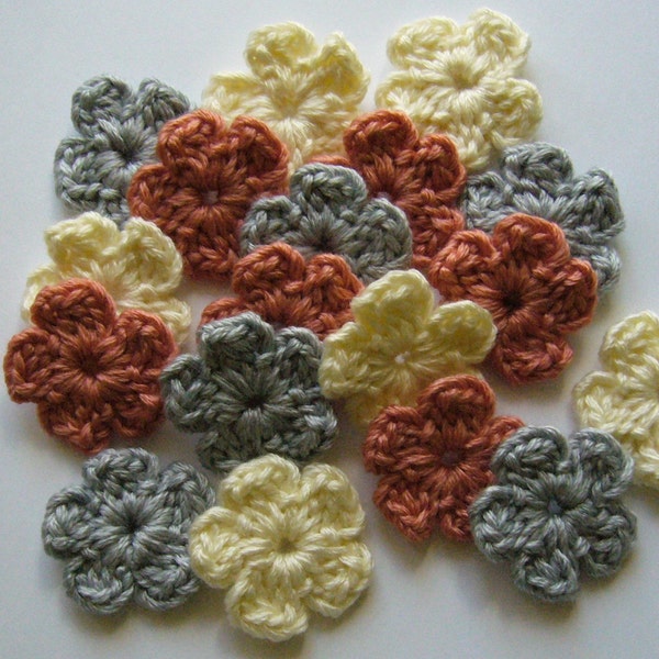 Crocheted Flowers - Silver, Coral and Natural - Wool Blend - Forget-Me-Nots - Crocheted Appliques - Crocheted Embellishments - Set of 6