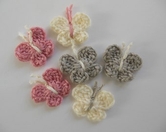 Crocheted Butterflies - Gray, Cream and Pink - Bamboo Yarn - Crocheted Butterfly Embellishments - Crocheted Butterfly Appliques - Set of 6