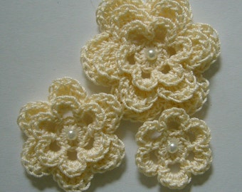Crocheted Flowers - Cream With a Pearl - Cotton Flowers - Flower Embellishments - Set of 3