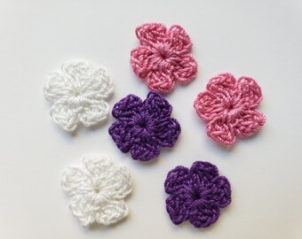 Tiny Crocheted Flowers - Purple, Pink and White - Cotton Flowers - Crocheted Flower Appliques - Crocheted Embellishments - Set of 6