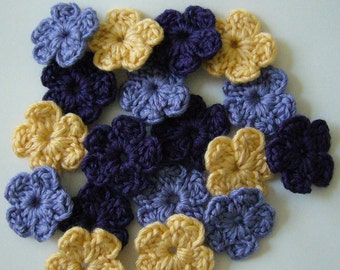 Crocheted Flowers  - Purple, Lilac and Yellow - Wool Flowers - Crocheted Flower Appliques - Crocheted Flower Embellishments - Set of 6