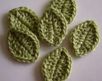 Crocheted Leaves - Wool Blend - Green Sheen - Leaf Appliques - Leaf Embellishments - Set of 6