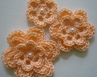 Peach Crocheted Flowers - Pearl Accent - Cotton Flowers - Crocheted Flower Appliques - Crocheted Flower Embellishments