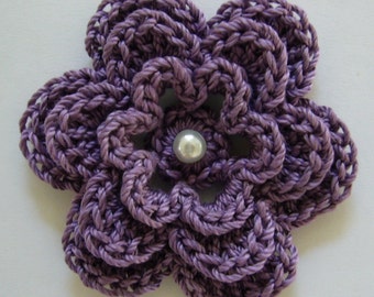 Crocheted Flower - Plum with Pearl - Cotton Applique - Cotton Embellishment