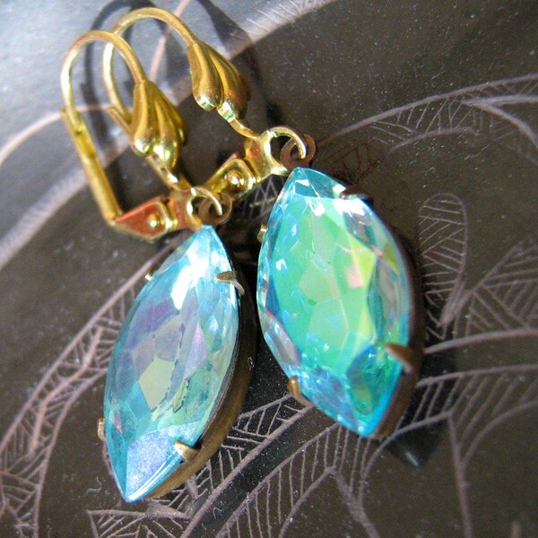 Fairyland Elegance-- Navette Vintage Glass Estate Earrings in Gold over Brass