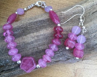 Pink Bracelet and Earrings Set with Sterling Silver by Lorelei
