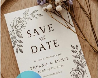 Save the Date Template | Floral Line Art Wedding Canva Card