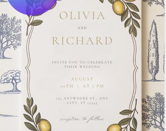 Italian Lemon Wedding Invitation Template | Amalfi Coast Inspired Mediterranean Destination Canva Design
