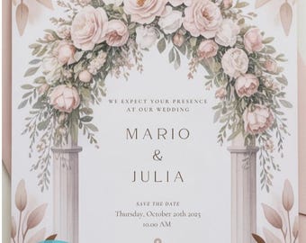 May include: A rectangular wedding invitation card featuring a floral arch of soft pink roses and green foliage atop two pillars. The text reads: WE EXPECT YOUR PRESENCE AT OUR WEDDING, MARIO & JULIA, SAVE THE DATE, Thursday, October 20th 2025, 10.00 AM, 123 Anywhere St., Any City, ST 12345.