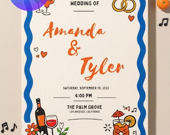 Colorful Retro Wedding Invitation Template | Fun Cocktail Party Canva Invite