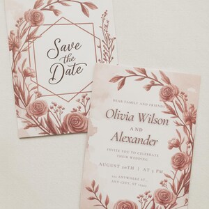 Blush Floral Wedding Invitation + Save the Date – Editable Canva Template | Rose Pink Wedding Suite | Digital Download