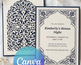 Blue White Henna Invitation | Persian Floral Bridal Shower Template (Canva)